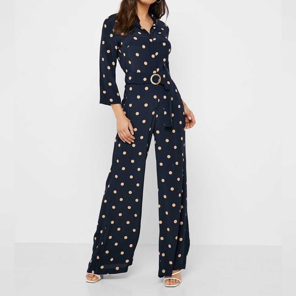 NWOT floor length maxi belted bodysuit 70s disco coastal polka dot
